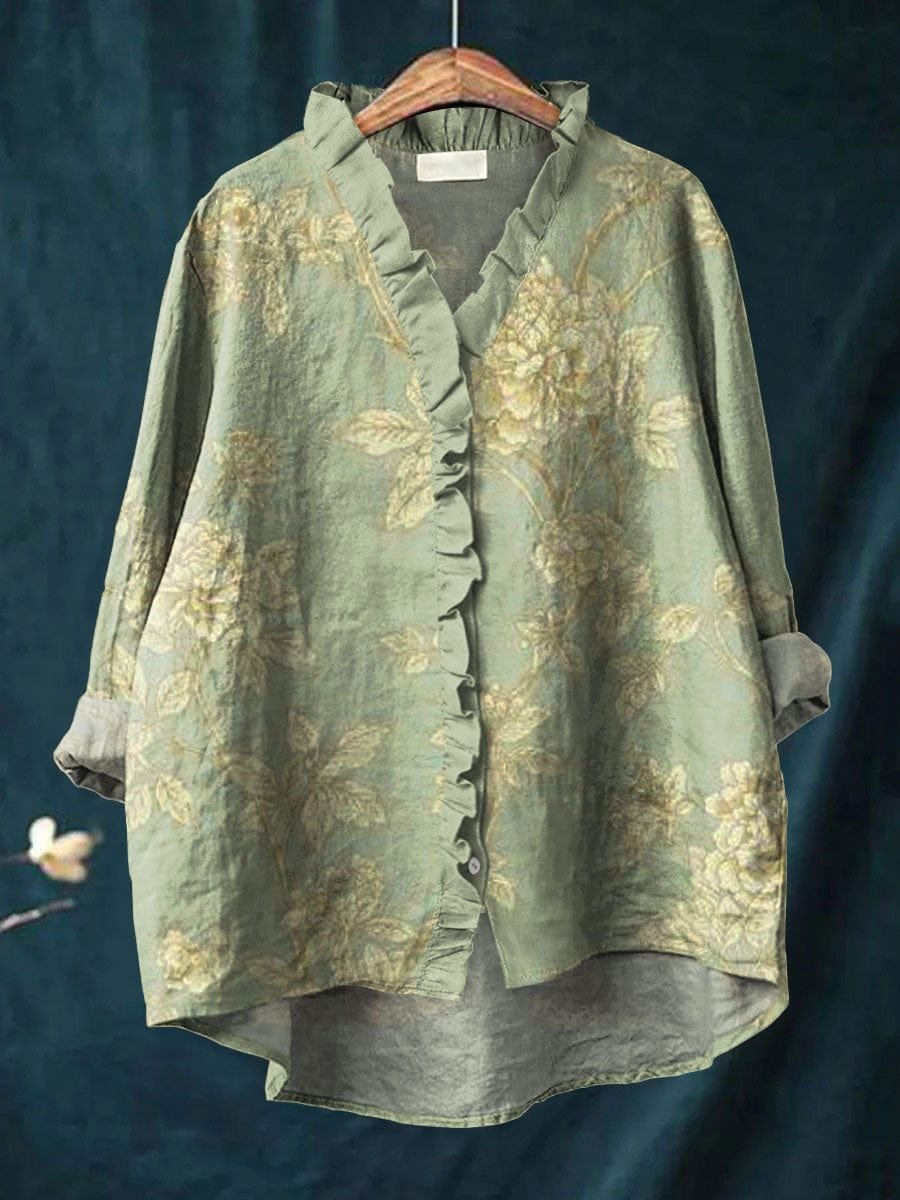 Victoria | Women's Vintage Floral Linen Ruffle-Neck Blouse